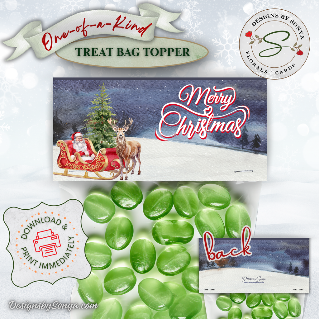 Seasons Greetings Printable Topper with Green Candy
Printable Merry Christmas treat bag topper shown with green candy. Features Santa and reindeer artwork with a snowy forest background.