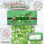 Greenery Front with “Season’s Greetings”
Close-up of the green topper with evergreen sprigs, berries, and a classic greeting; displayed with green candy to show DIY holiday favor use; print, cut, fold, staple.