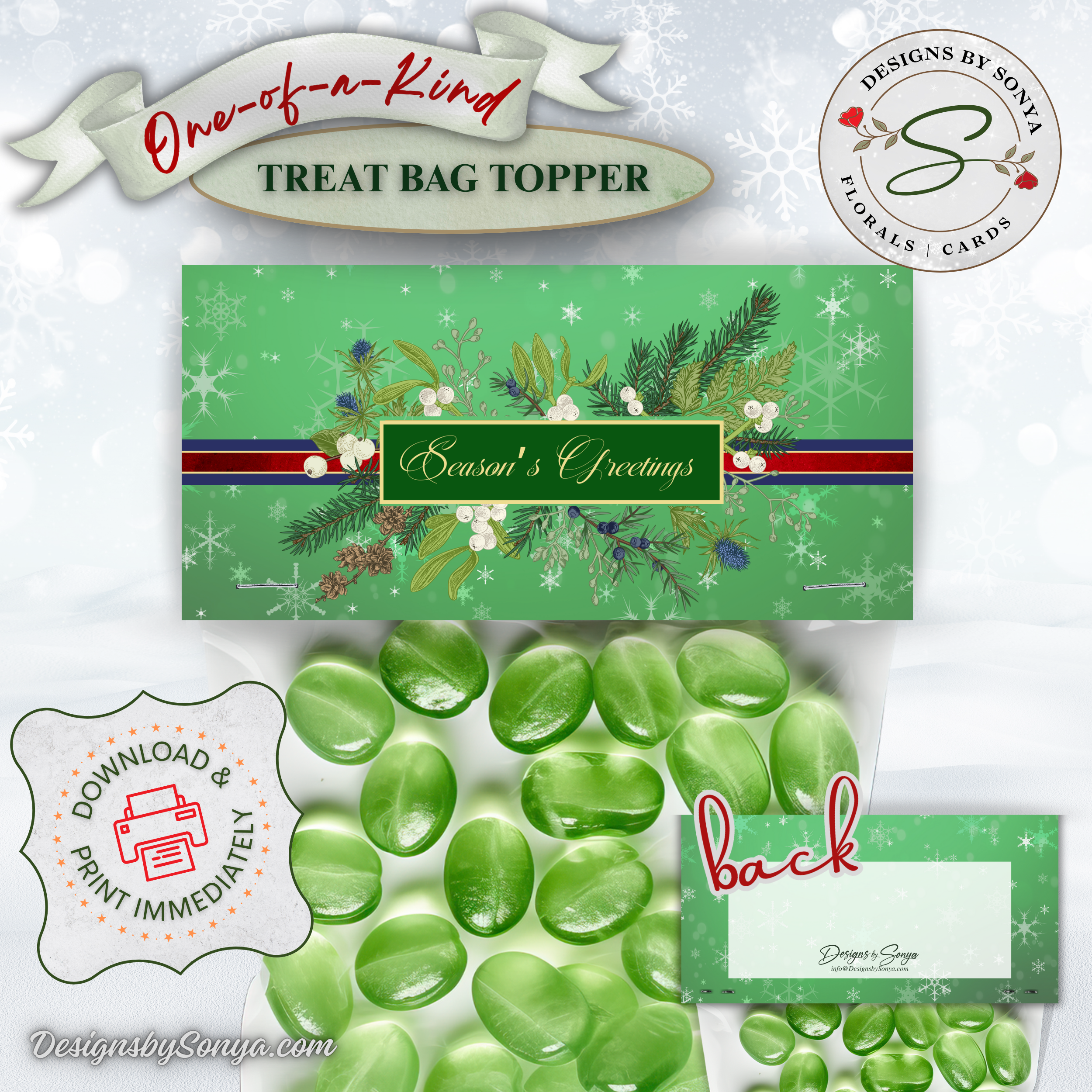 Greenery Front with “Season’s Greetings”
Close-up of the green topper with evergreen sprigs, berries, and a classic greeting; displayed with green candy to show DIY holiday favor use; print, cut, fold, staple.