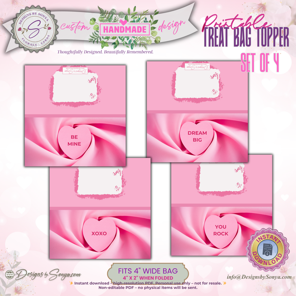 Valentine Treat Bag Toppers Printable – Set of 4 Candy Heart Designs – 4x2 Folded Labels for Classroom, Kids, Party Favors