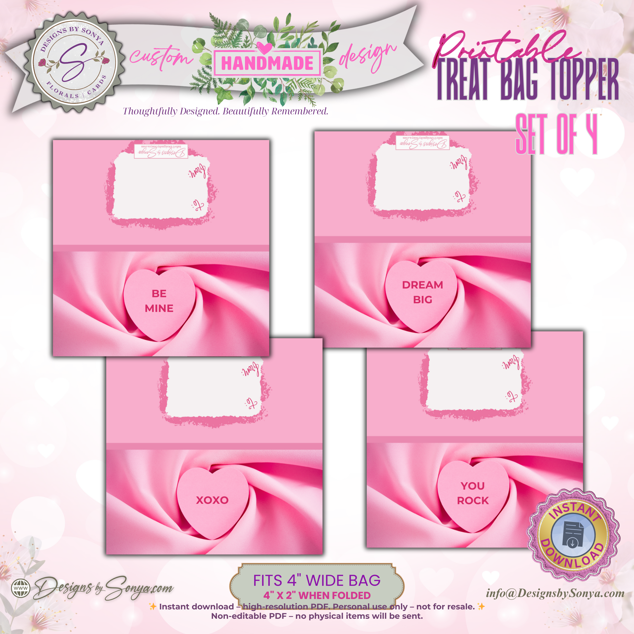 Valentine Treat Bag Toppers Printable – Set of 4 Candy Heart Designs – 4x2 Folded Labels for Classroom, Kids, Party Favors