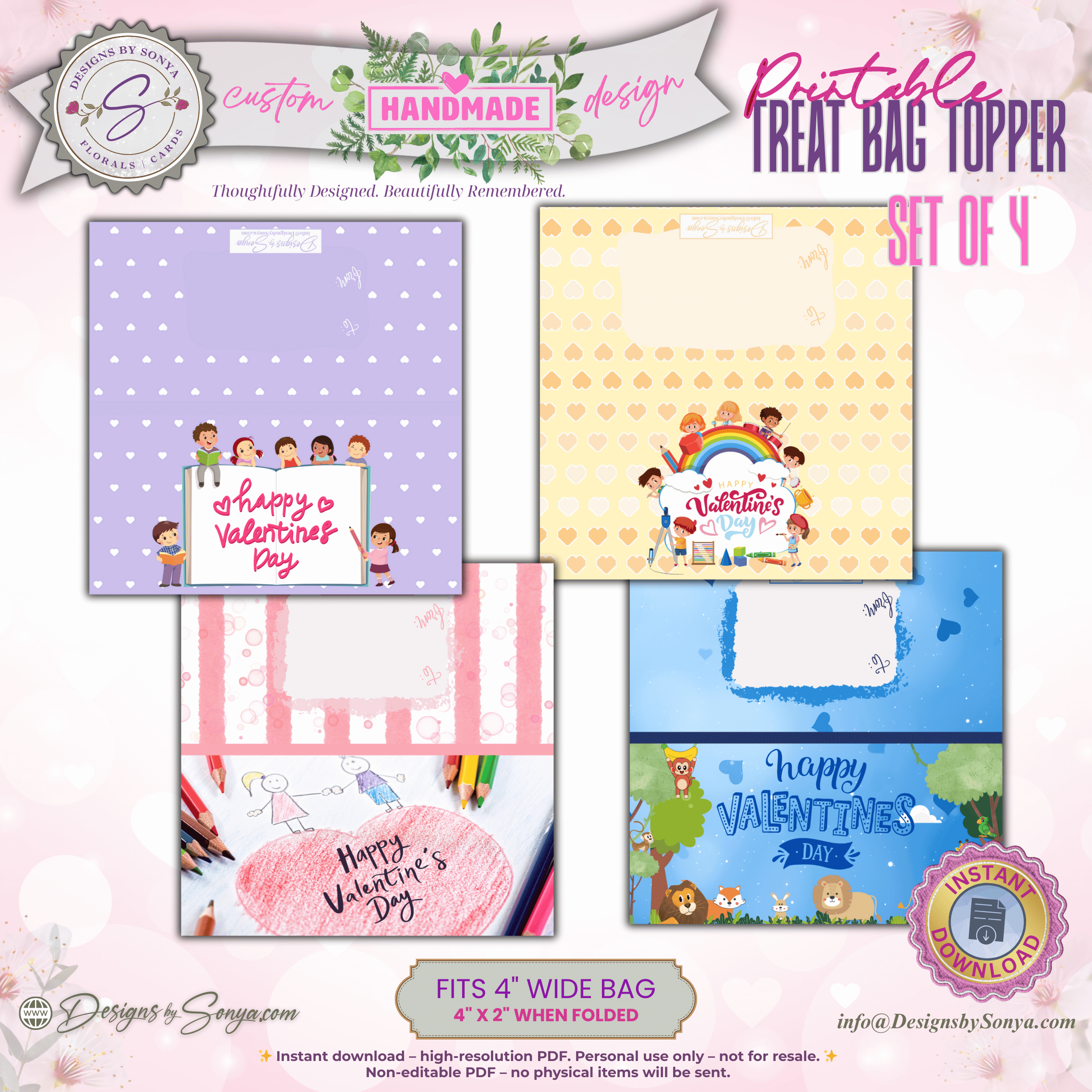 Kids Valentine’s Day Treat Bag Toppers – Printable Classroom Party Favor Set of 4 – Cute Children’s Candy Bag Labels – 4"x2" Folded Topper PDF