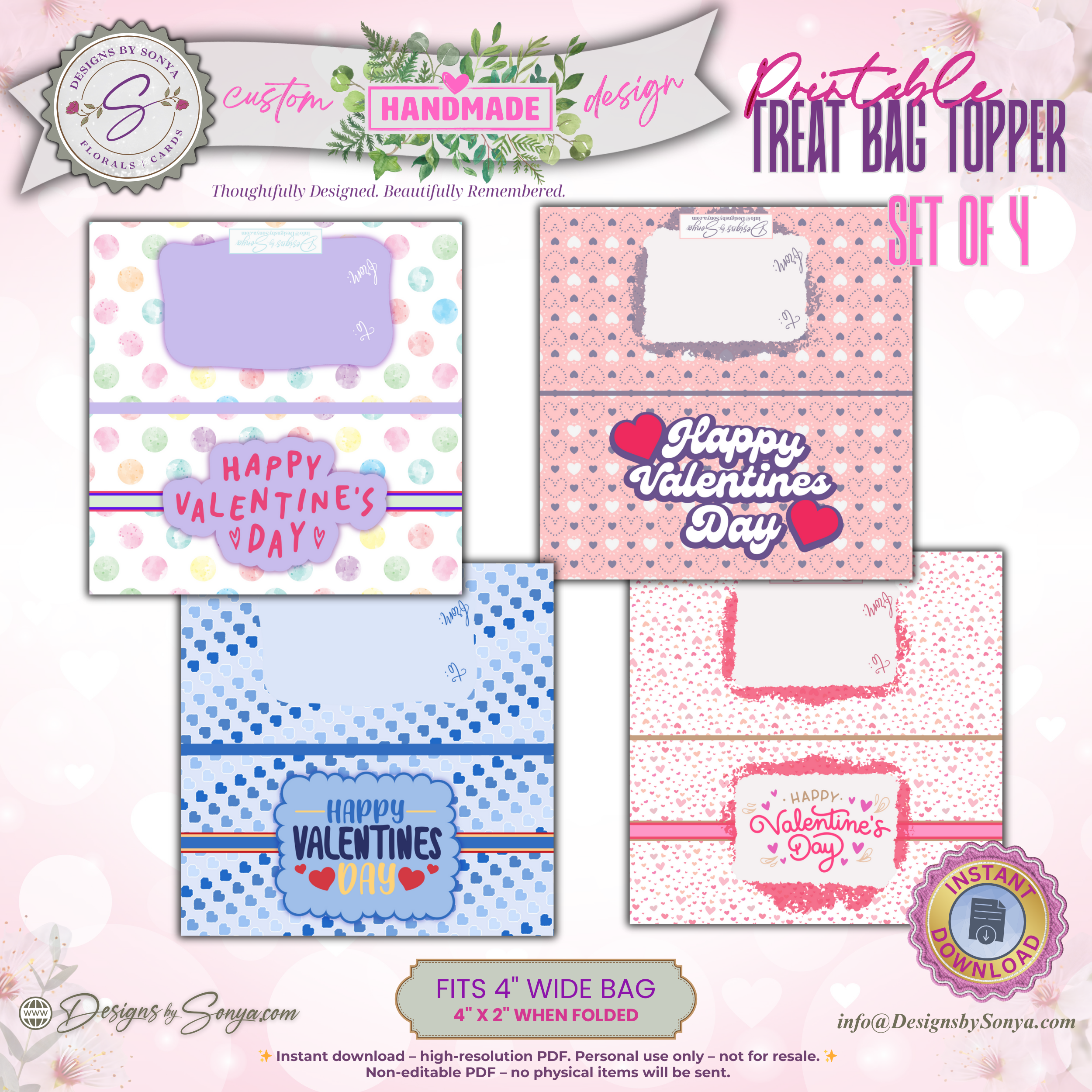 Printable Valentine’s Day Treat Bag Toppers – Set of 4 Cute Classroom Party Favor Labels – DIY Candy Gift Tags for Kids, Teachers & Friends