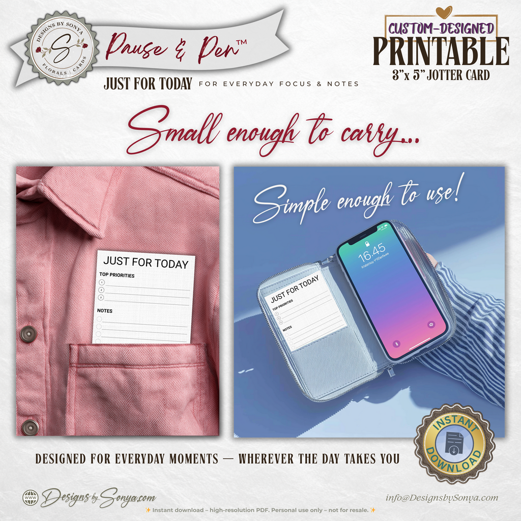 Just for Today Jotter Card Printable – 3x5 Daily Focus & Notes Card – Minimal Task List for Intentional Planning & Simple Living