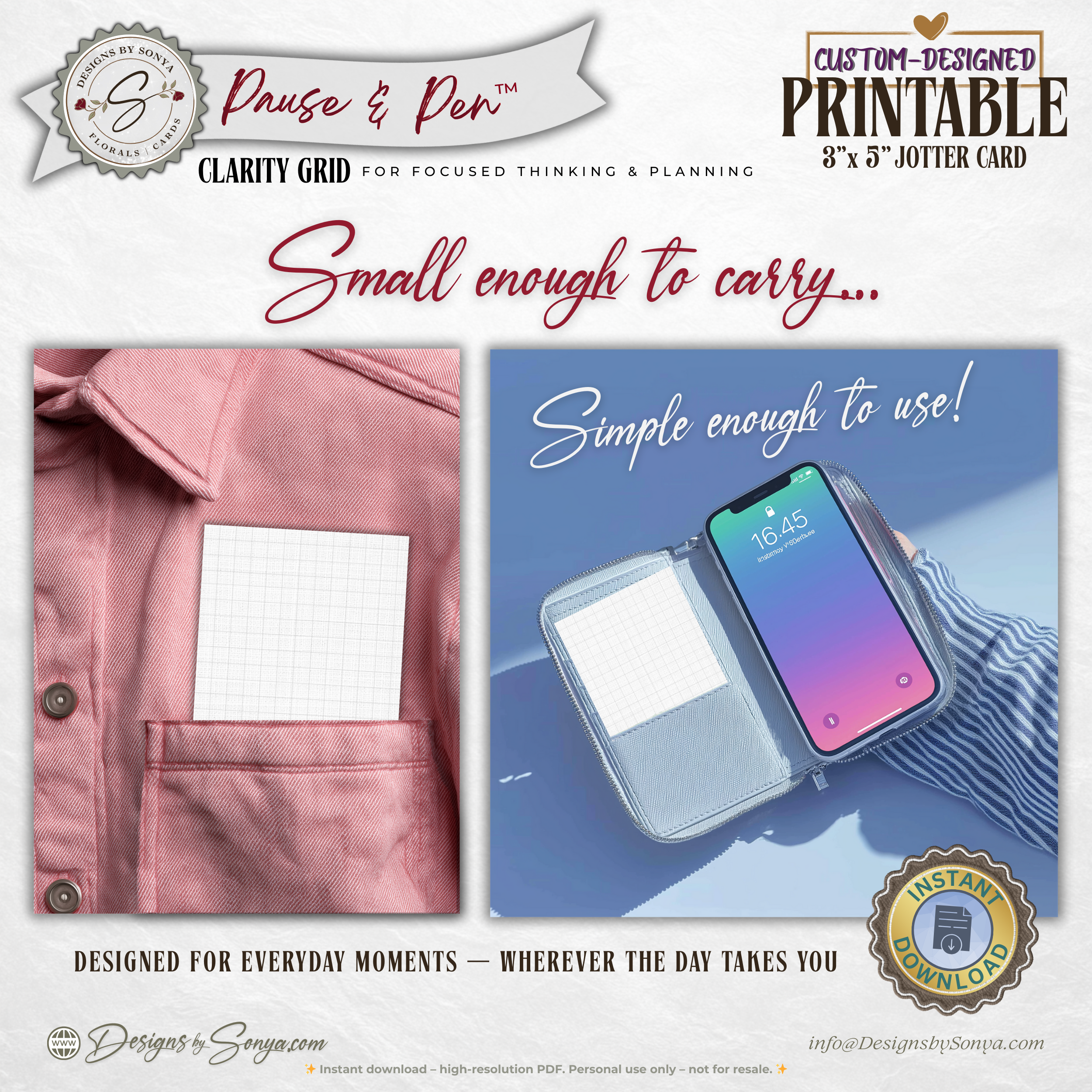 3x5 Grid Jotter Card Printable – Minimal Graph Note Card for Planning & Sketching – Pause & Pen™ Printable Pocket Stationery