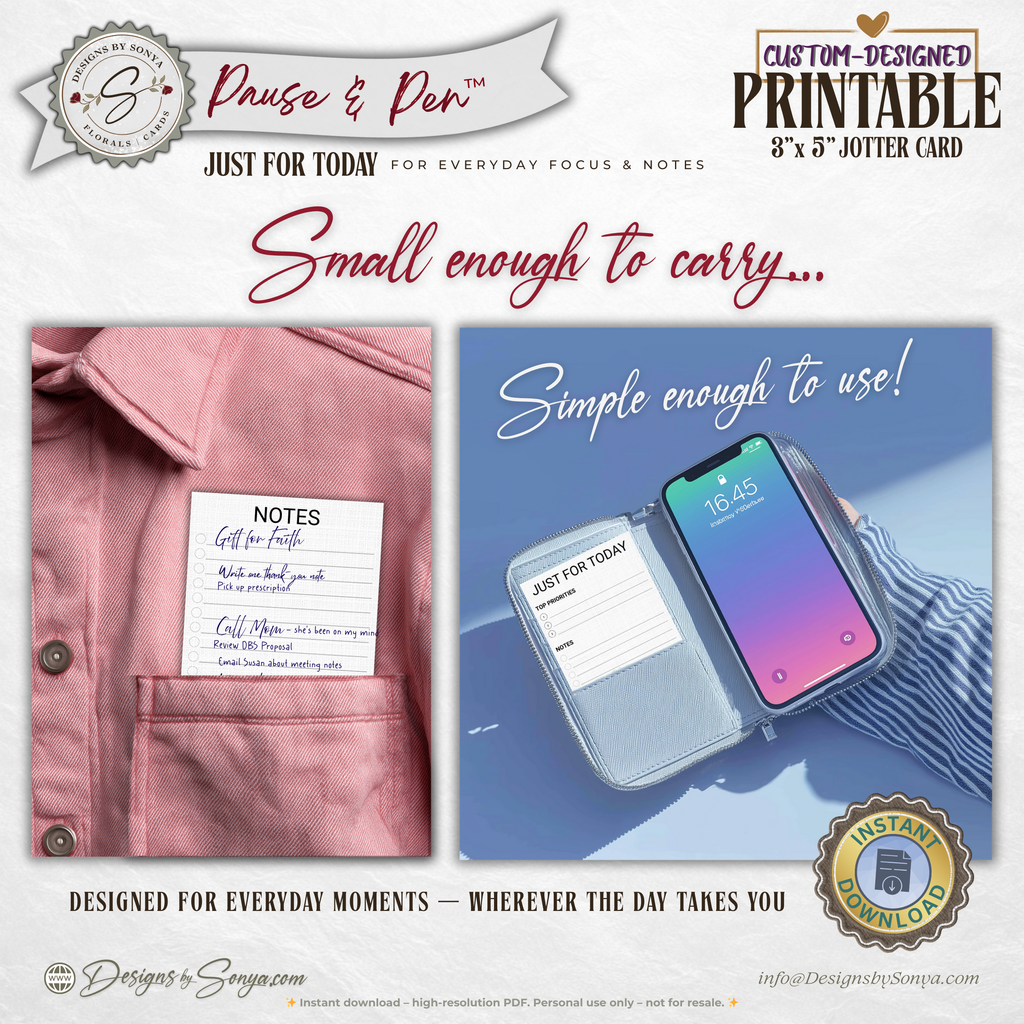 3x5 Jotter Card Printable Set of 3 – Just for Today, Notes & Grid Cards for Daily Focus – Pause & Pen™ Printable Stationery