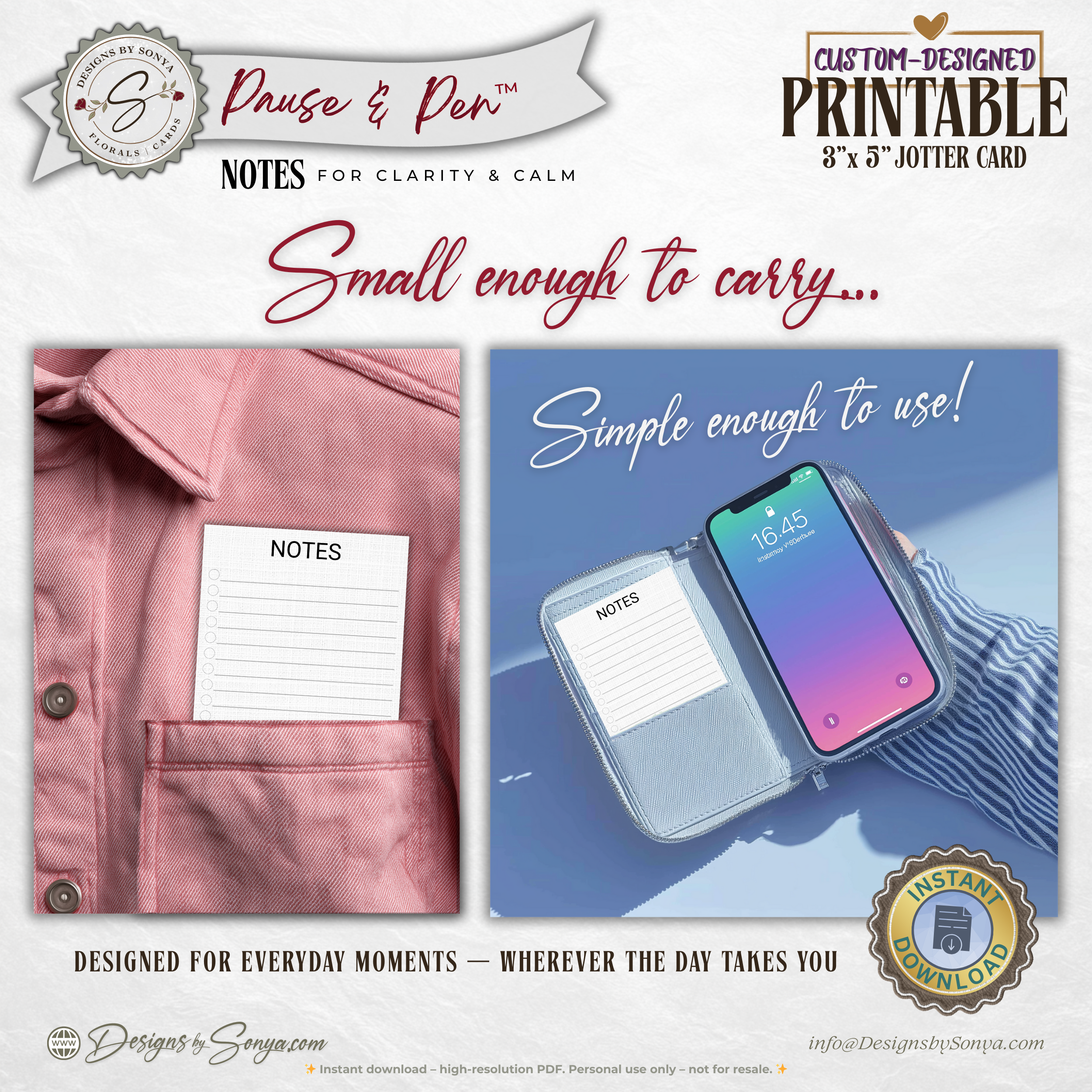 3x5 Jotter Note Card Printable – Minimal Notes & Checklist Card for Daily Focus – Pause & Pen™ Printable Pocket Stationery