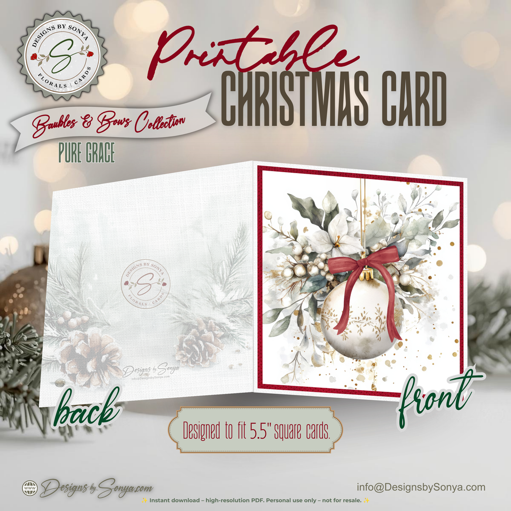 Printable Christmas Card | Red Bow Ornament & White Winter Florals | Elegant Square Holiday Greeting Card