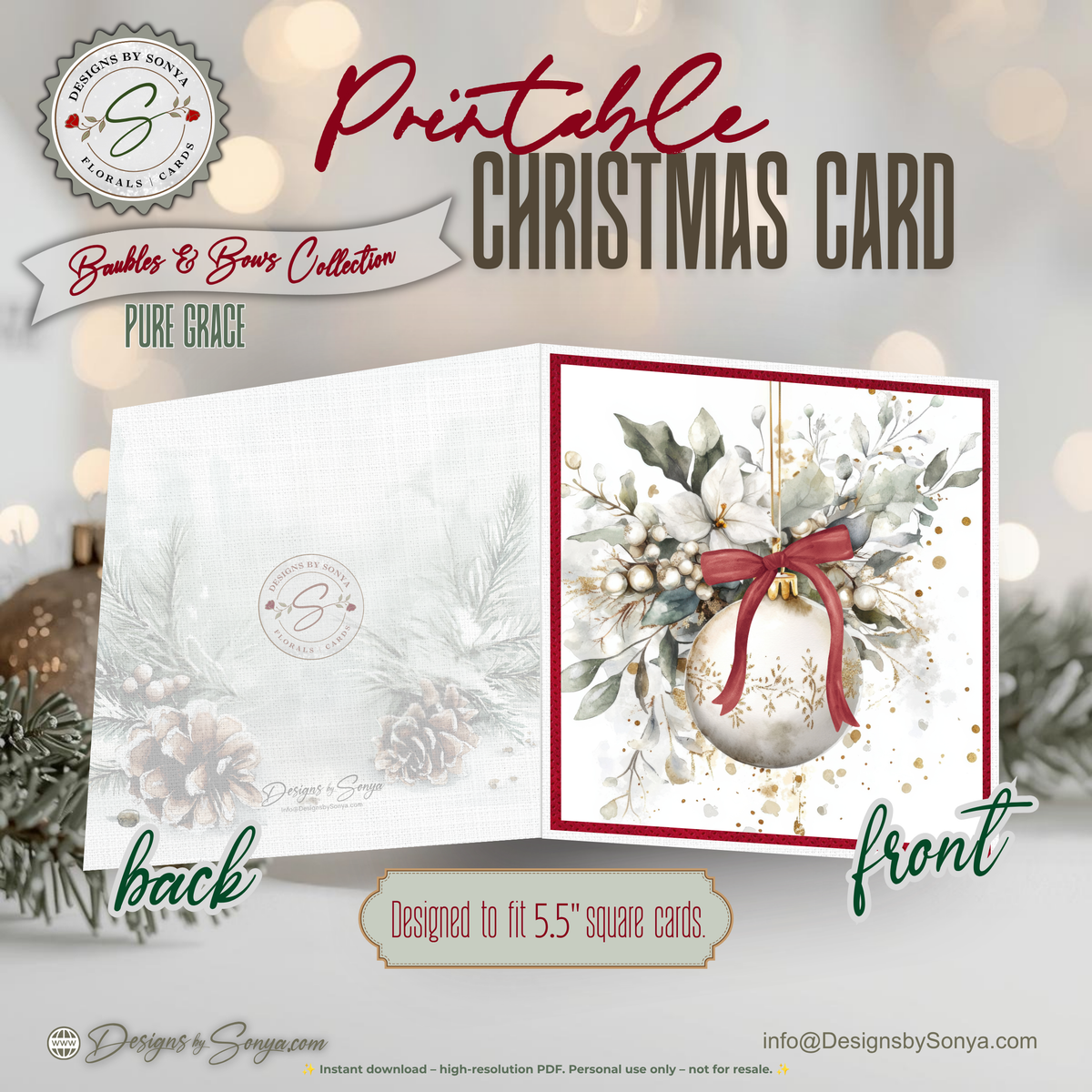 Printable Christmas Card | Red Bow Ornament & White Winter Florals | Elegant Square Holiday Greeting Card