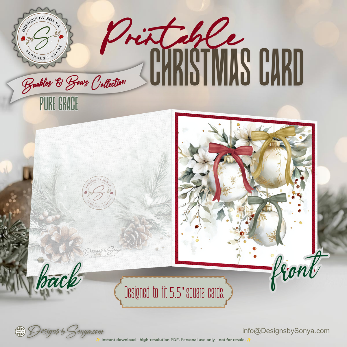 Printable Christmas Card | Red Gold & Sage Green Bow Ornaments | Elegant Watercolor Floral Square Holiday Greeting Card