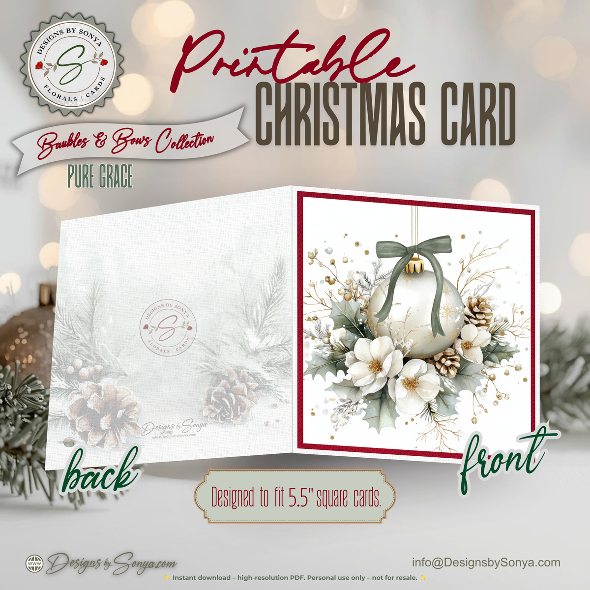 Printable Christmas Card | Sage Bow Ornament with Holly & Pinecones | Elegant Watercolor Holiday Card