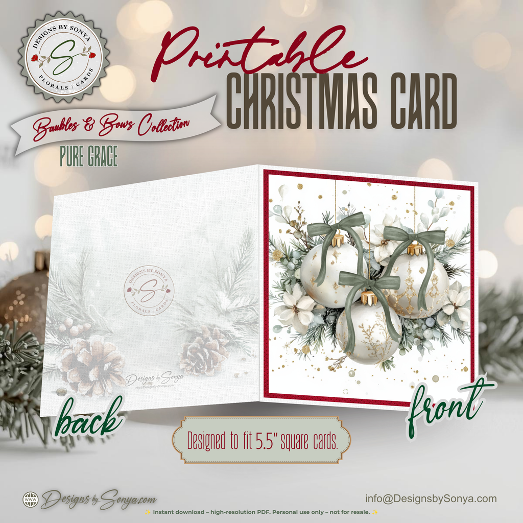 Printable Christmas Card | Sage Green Bows & Ivory Ornaments | White Winter Florals | Elegant Watercolor Square Holiday Greeting Card