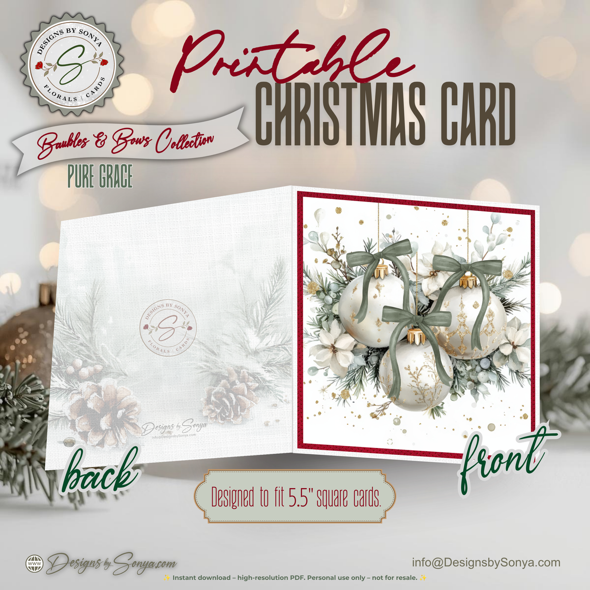 Printable Christmas Card | Sage Green Bows & Ivory Ornaments | White Winter Florals | Elegant Watercolor Square Holiday Greeting Card