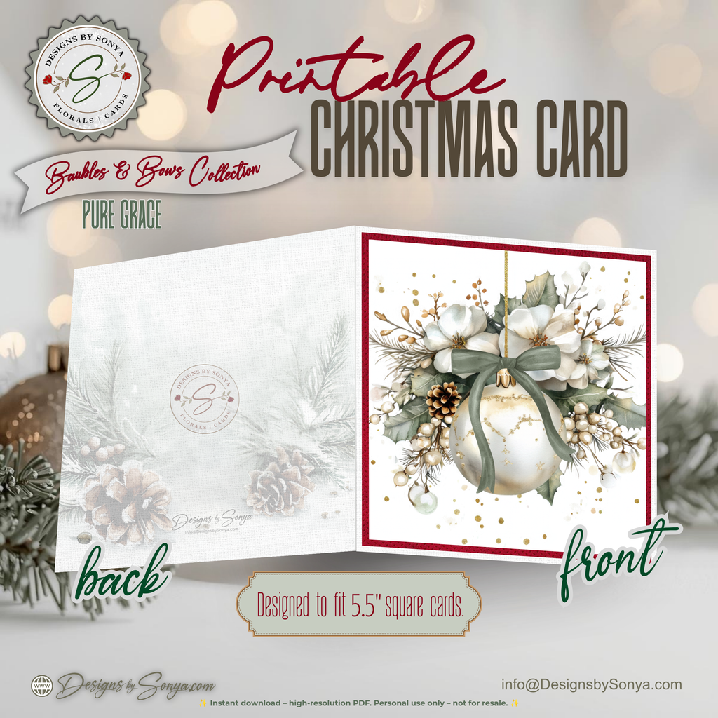 Printable Christmas Card | Sage Green Bow Ornament & White Magnolia Florals | Elegant Watercolor Square Holiday Greeting Card