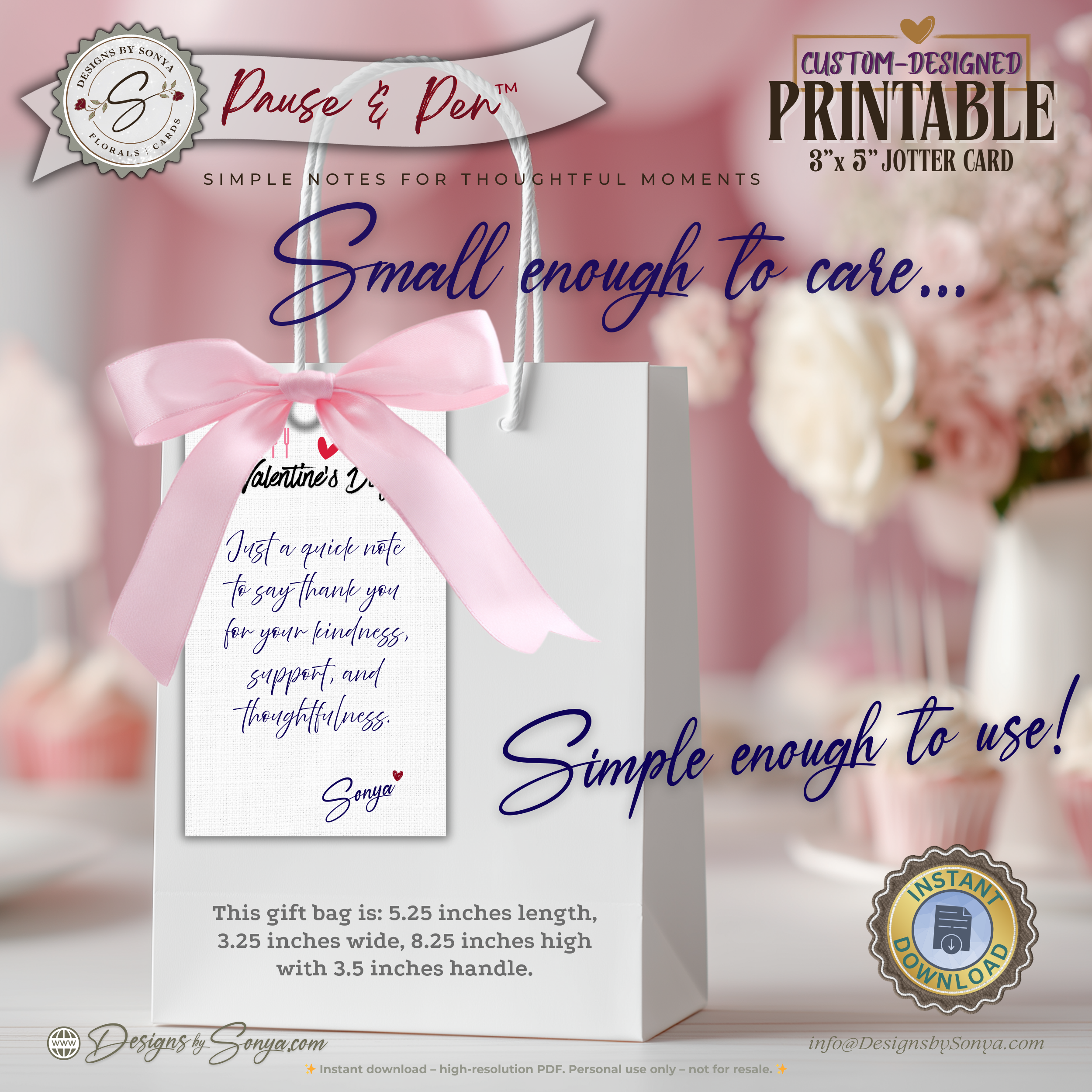 Printable Thank You Card for Valentine Gifts – 3x5 Gift Enclosure Jotter Card, Simple Note for Bags, Baskets & Small Gestures