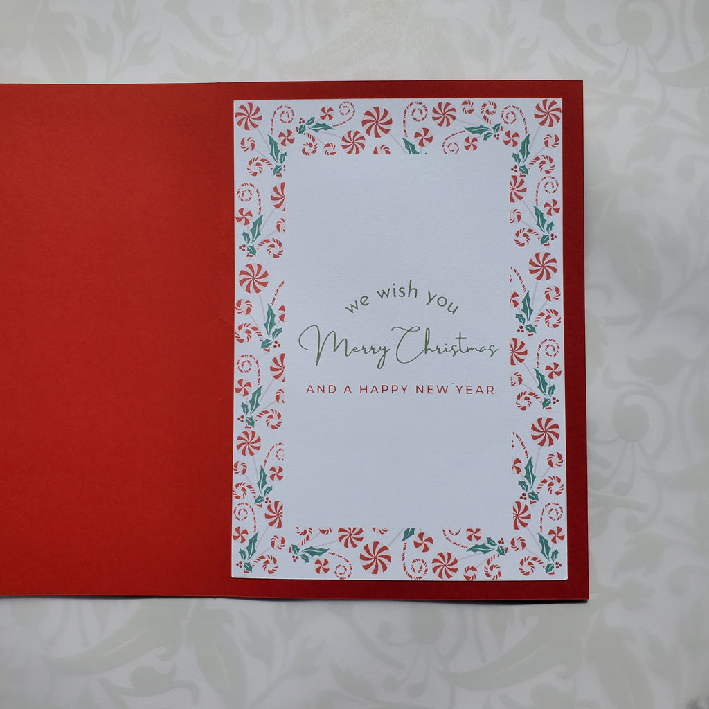 Limited Edition Candy Cane Christmas Card – Handmade A7 Holiday Greeting with Green Bows – 5x7” Peppermint-Themed Keepsake