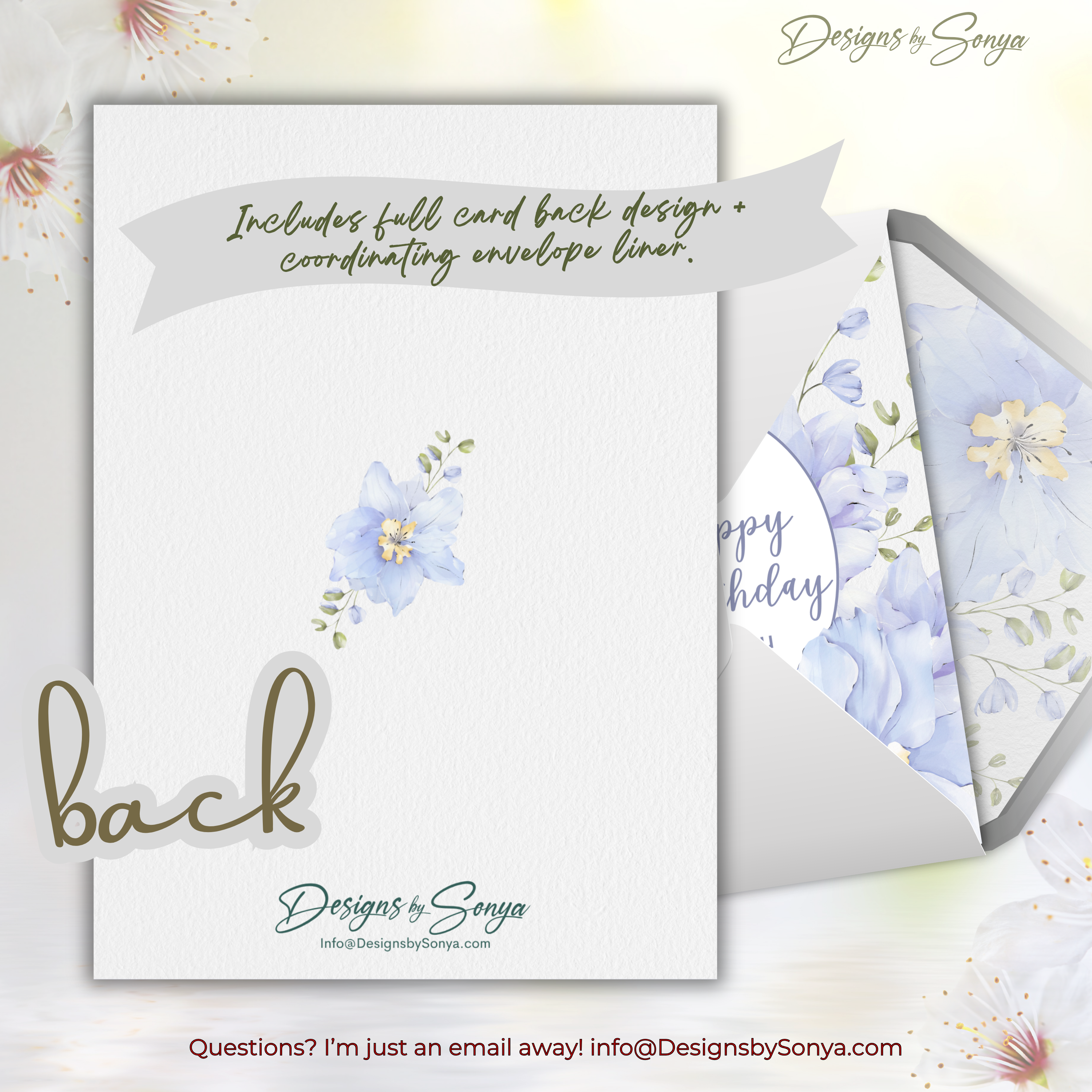 Card Back and Liner Preview
Back of card with single floral sprig and coordinating blue-floral A7 envelope liner for a cohesive, professional finish.