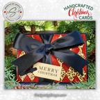 Luxury Handcrafted A7 Christmas Card – Red Glitter, Leopard Print, Satin Bow, Die-Cut Tag, 5"x7" Holiday Greeting with Gold Lined Envelope