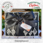 Merry Christmas Card in Black & Silver | Handcrafted A7 Holiday Card with Poinsettia Tag & Satin Bow | Elegant Client Gift