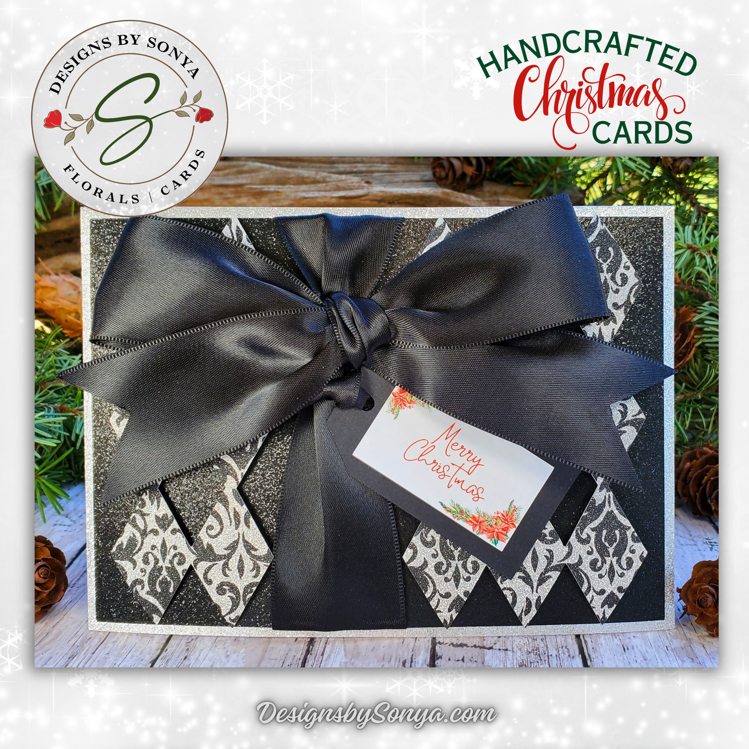 Merry Christmas Card in Black & Silver | Handcrafted A7 Holiday Card with Poinsettia Tag & Satin Bow | Elegant Client Gift