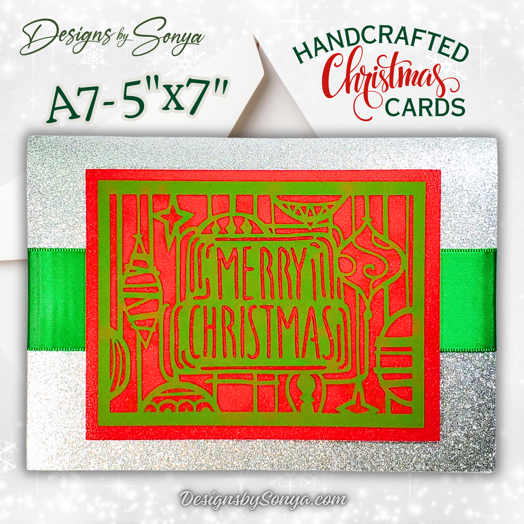 Handcrafted Merry Christmas Card – Red & Green Die-Cut Design with Silver Glitter & Green Ribbon – A7 5x7 Holiday Greeting | Unique Keepsake Christmas Card