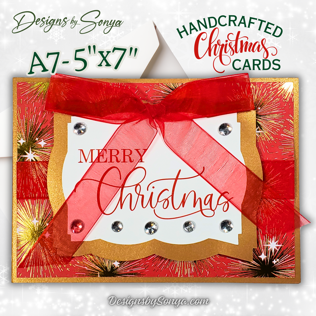 Handcrafted Merry Christmas Card with Red Bow, Rhinestones & Gold Sparkle – Unique Holiday Greeting – 5x7 A7 Card