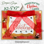 Handcrafted Merry Christmas Card with Red Bow, Rhinestones & Gold Sparkle – Unique Holiday Greeting – 5x7 A7 Card