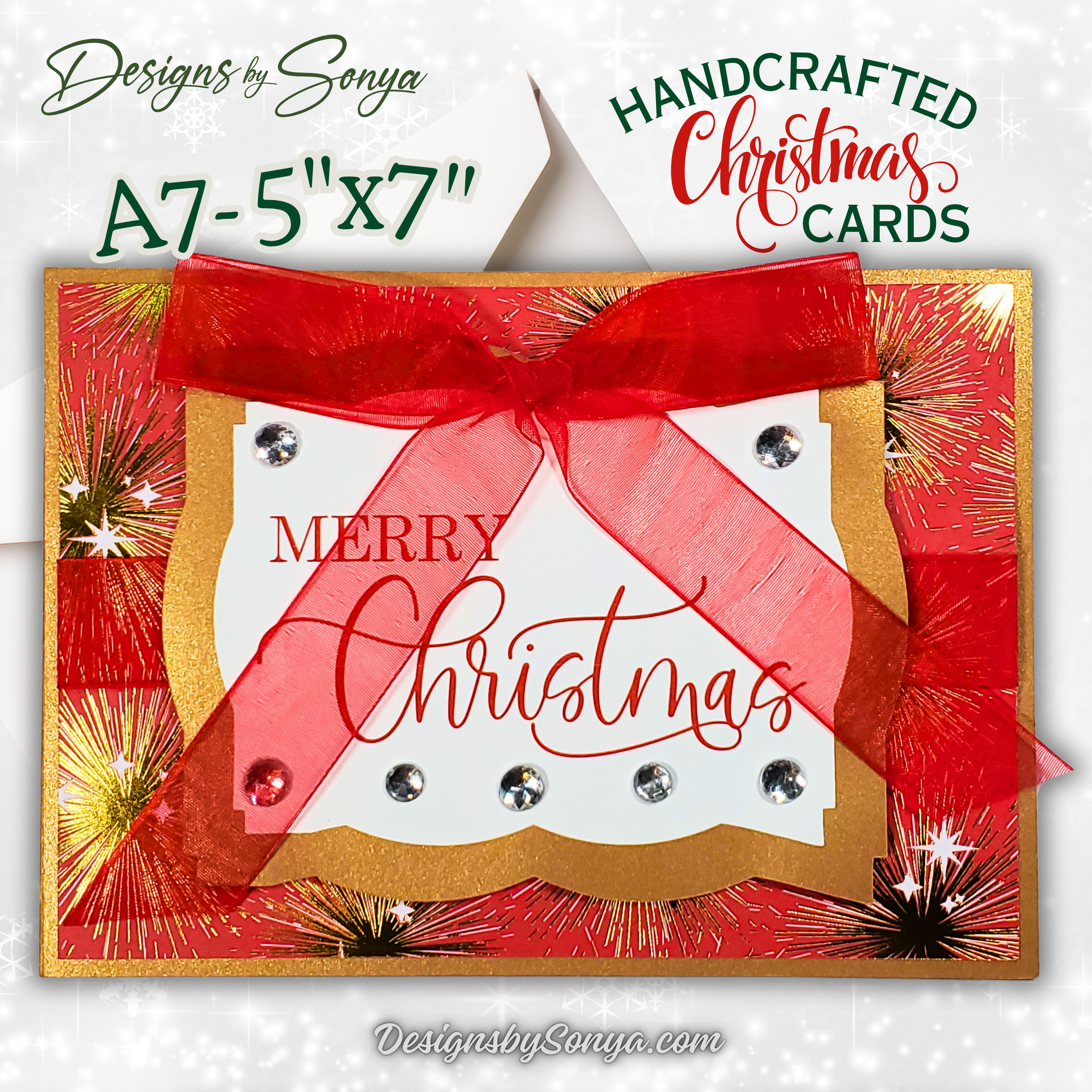 Handcrafted Merry Christmas Card with Red Bow, Rhinestones & Gold Sparkle – Unique Holiday Greeting – 5x7 A7 Card