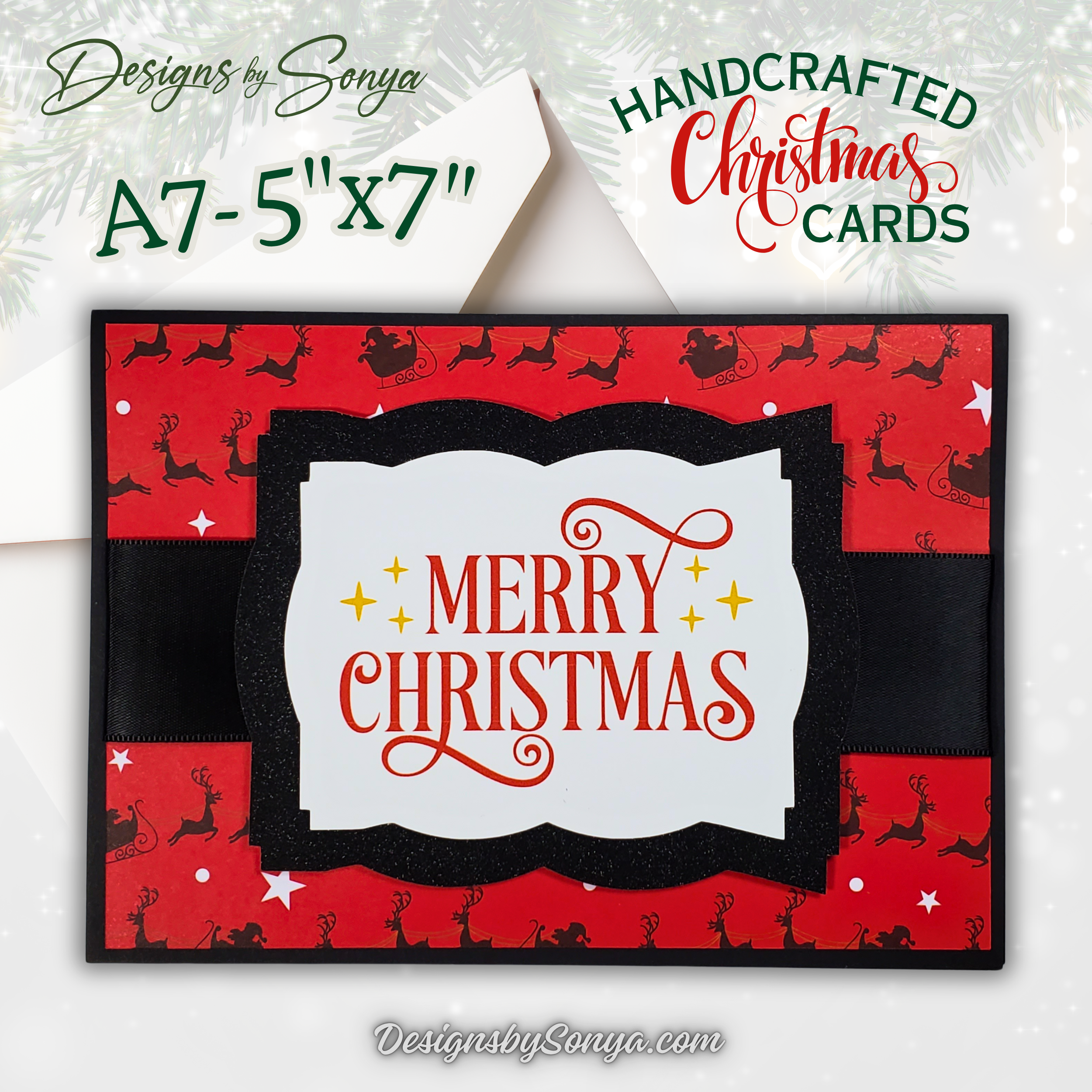 Handmade Custom Designed Merry Christmas Card with Reindeer Design | Unique 5"x7" Holiday Greeting