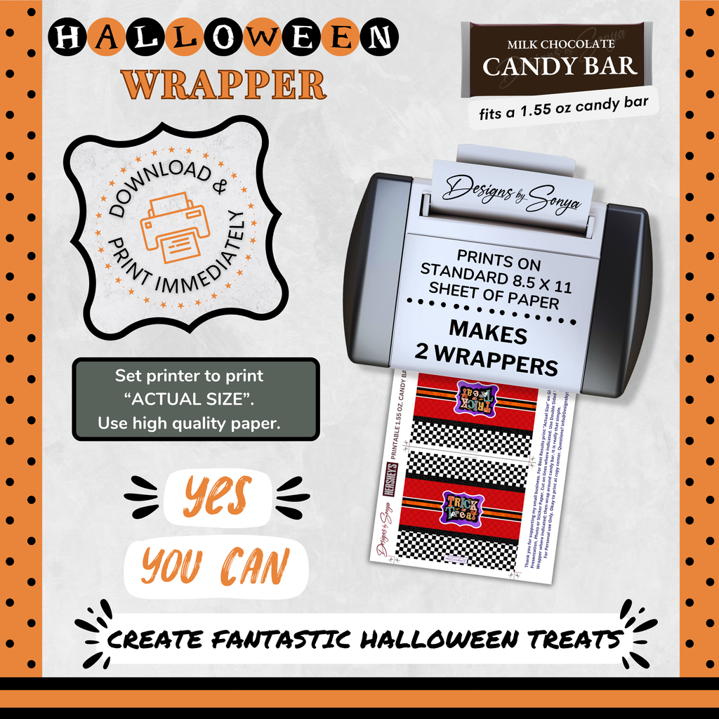 Custom Halloween Digital Candy Bar Wrapper | Printable Candy Bar Covers | Instant Download for Trick-or-Treat Party Favors | Fits 1.55 oz Hershey's Chocolate Bar