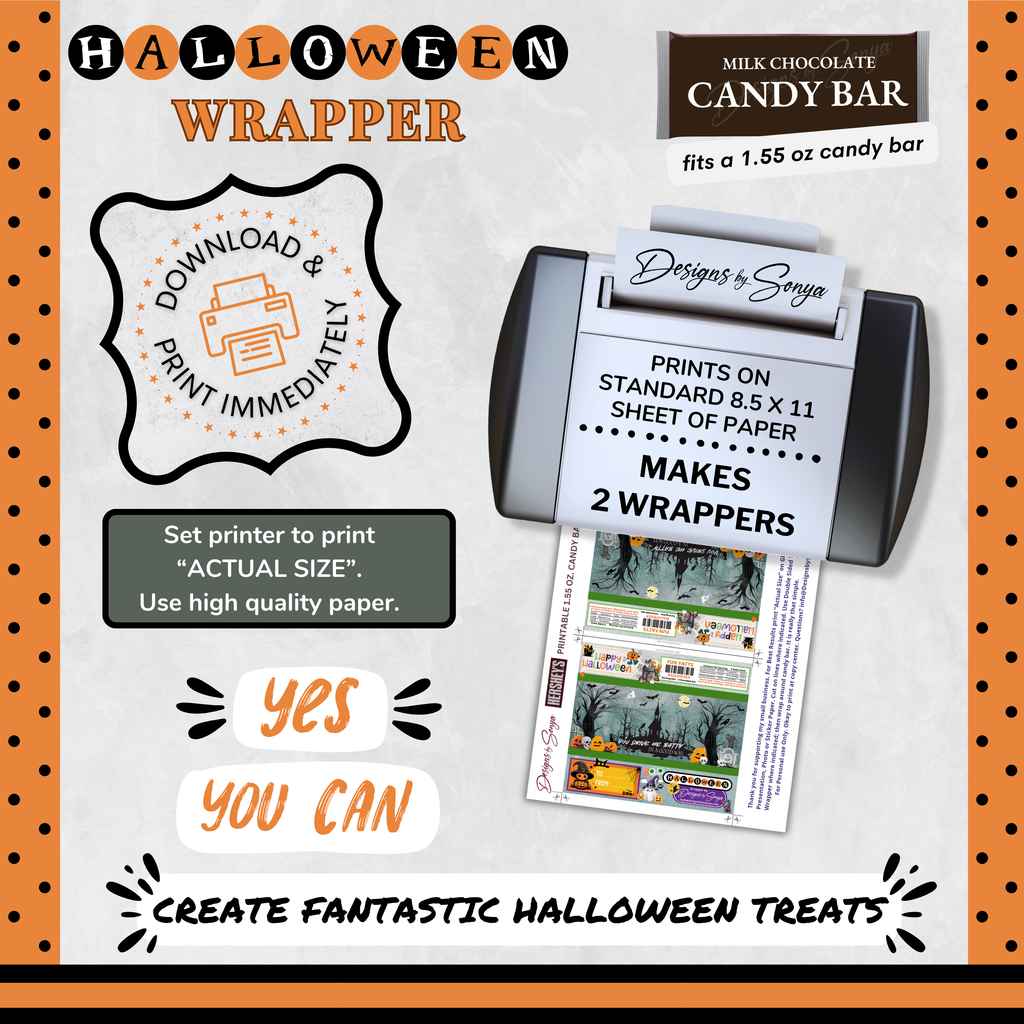 Custom Halloween Digital Candy Bar Wrapper | Printable Candy Bar Covers | Instant Download for Trick-or-Treat Party Favors | Fits 1.55 oz Hershey's Chocolate Bar