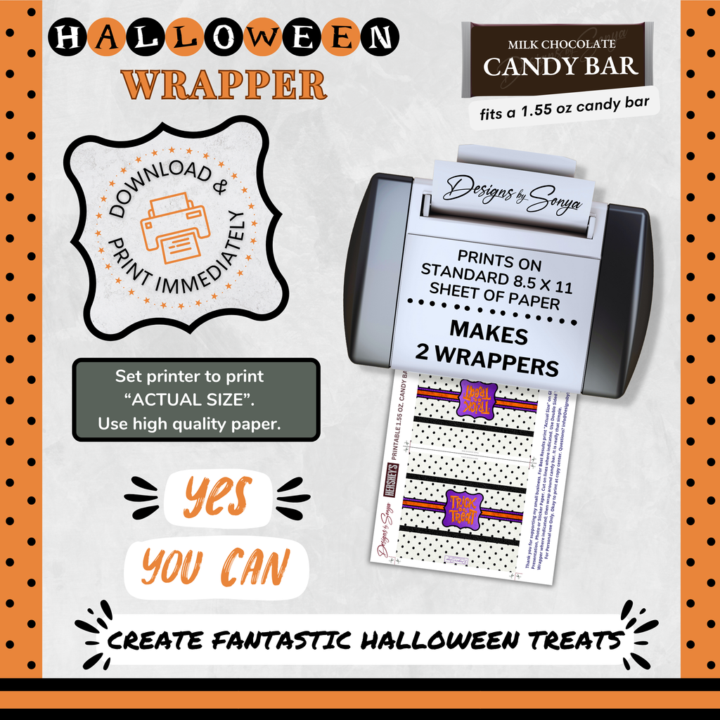 Custom Halloween Digital Candy Bar Wrapper | Printable Candy Bar Covers | Instant Download for Trick-or-Treat Party Favors | Fits 1.55 oz Hershey's Chocolate Bar