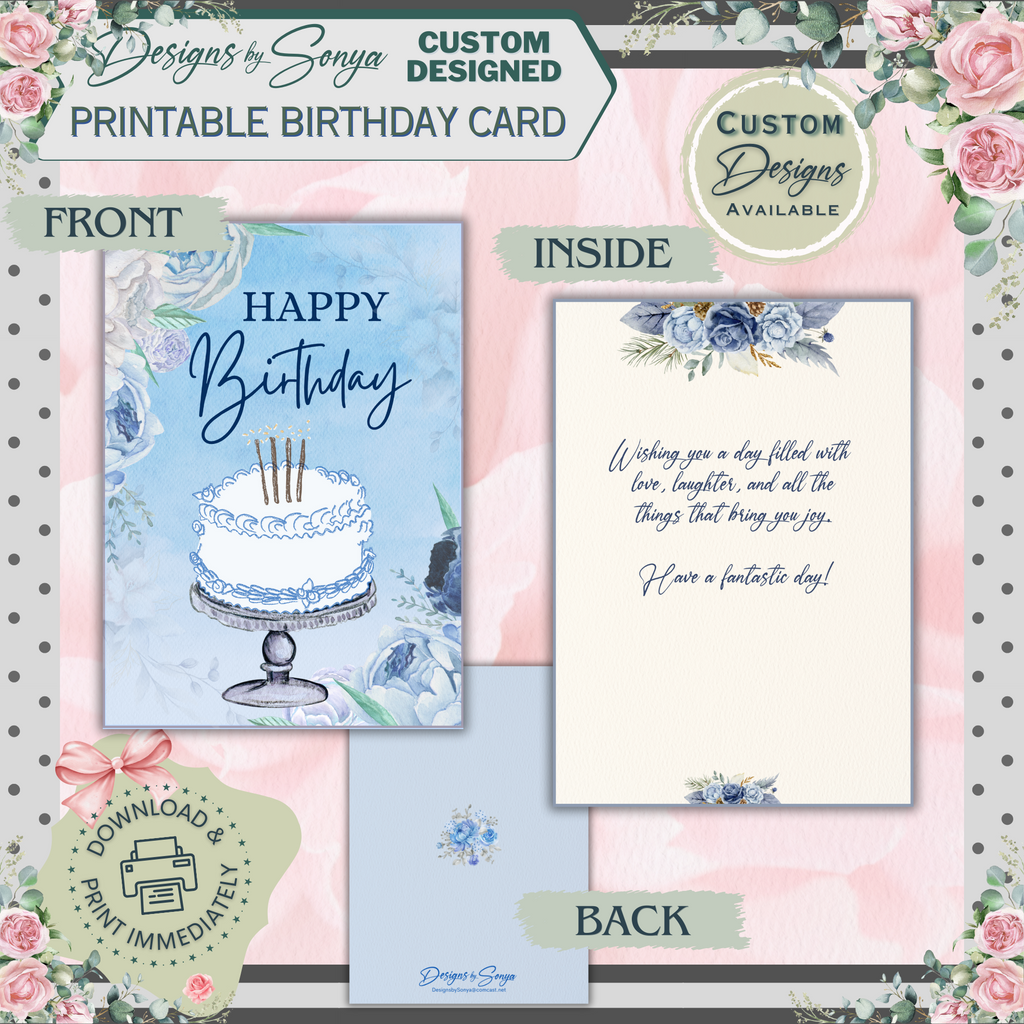 Blue Floral Birthday Card 5x7 | Printable Birthday Card | Watercolor Cake Design | Fits A7 Envelope | Digital Download | Print at Home