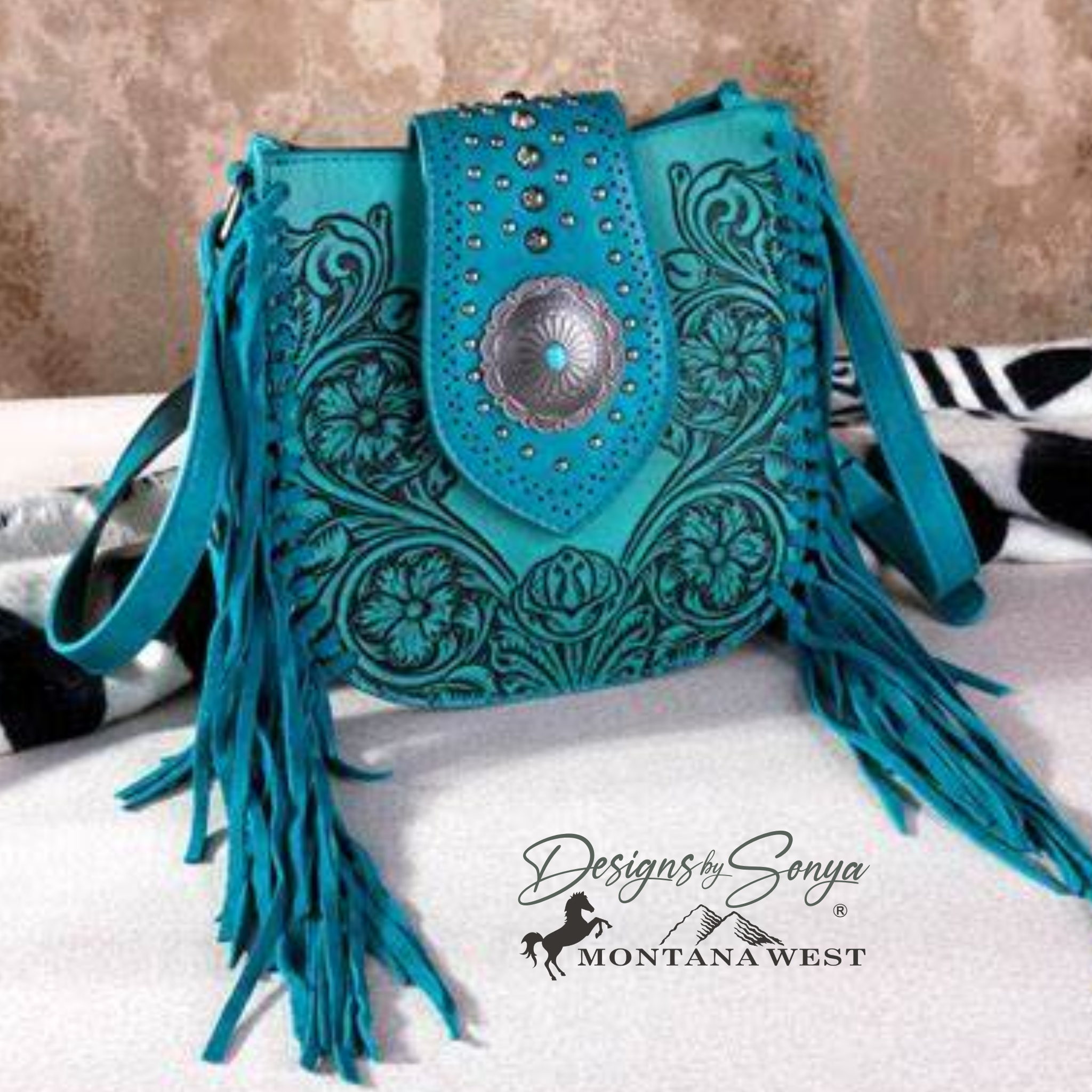 Montana West Turquoise Hand-Tooled Floral Crossbody Fringe Purse with Concealed Carry | Turquoise | MW1249-8360TQ