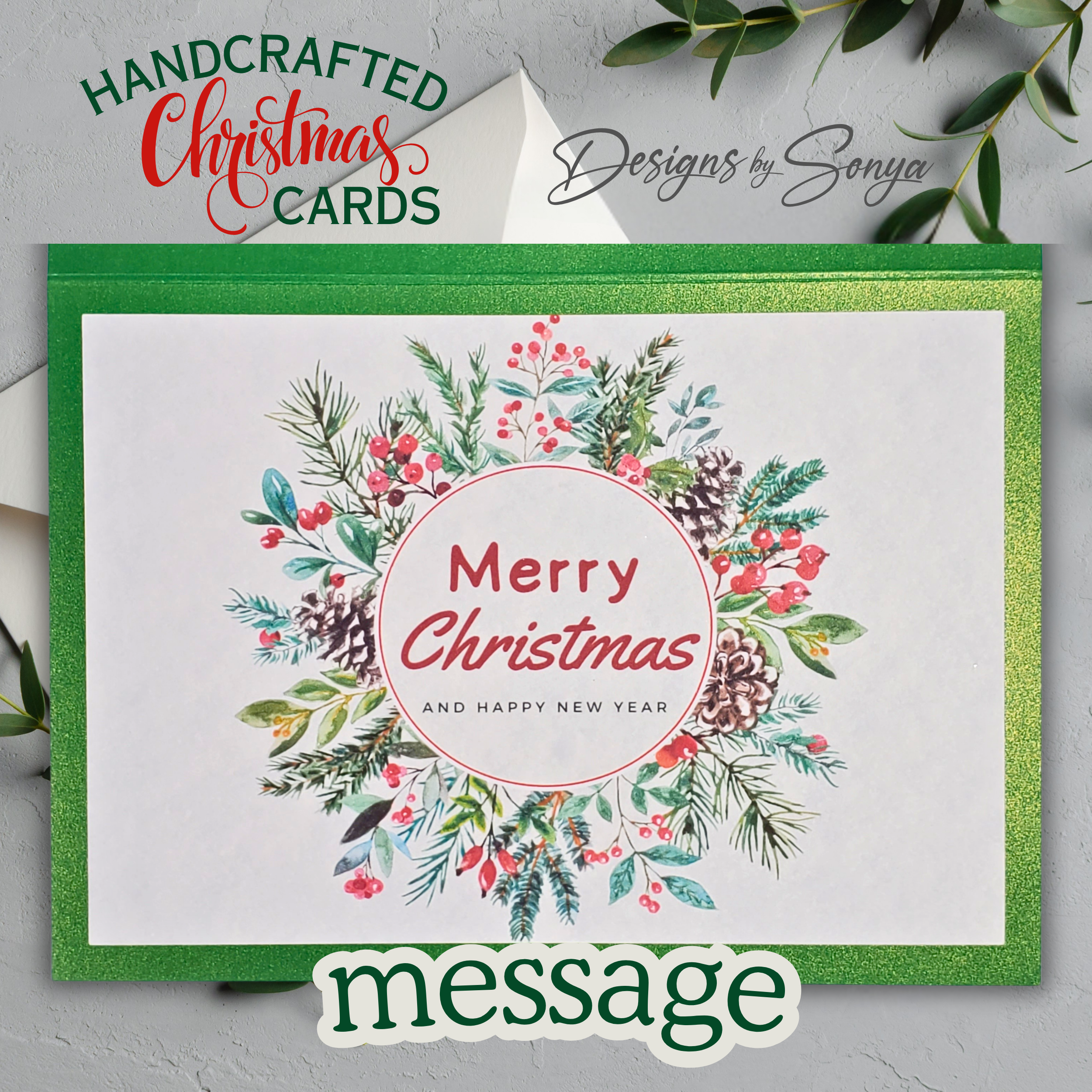 Handmade Christmas Card with Red Bow & Wreath | A7 5x7 Holiday Greeting Card | Unique Christmas Keepsake by Designs by Sonya