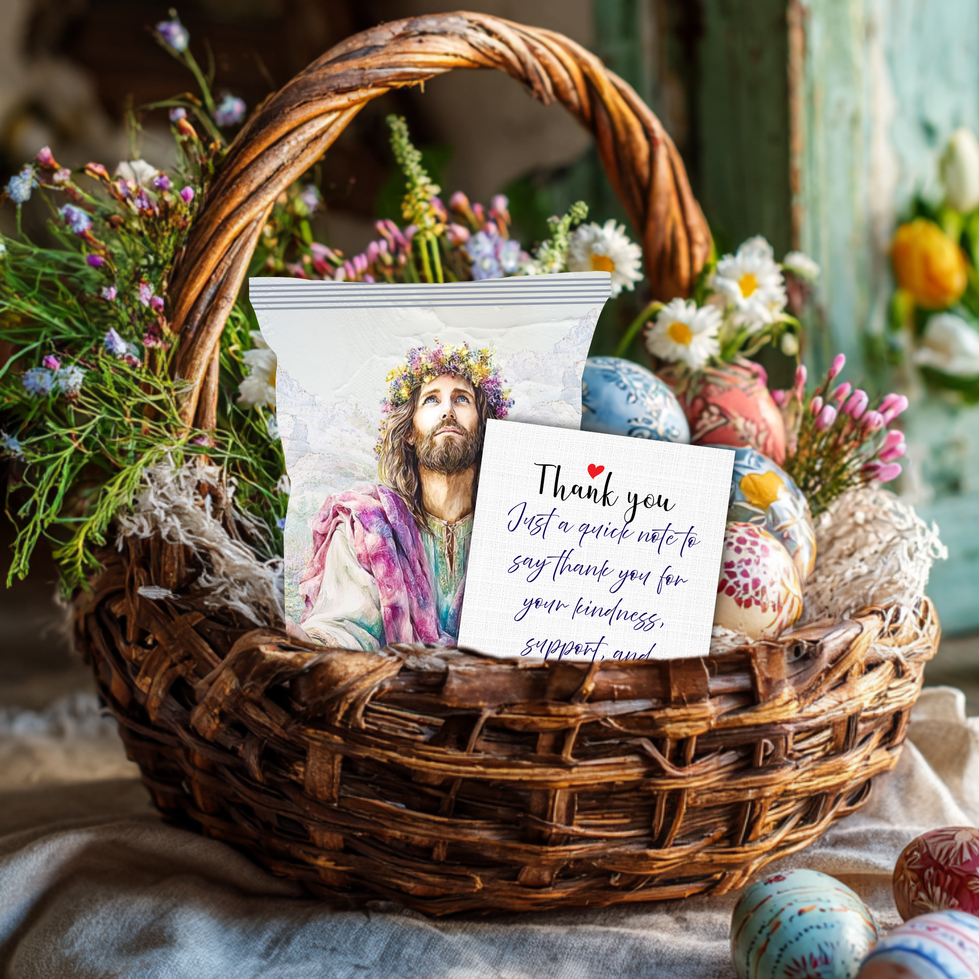 Floral Crown Jesus Printable Chip Bag Wrapper – Christian Easter Treat Bag, Faith Gift Favor, Religious Party Snack Wrapper