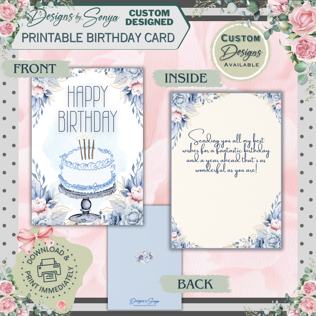 Blue Floral Birthday Card 5x7 | Printable Birthday Card | Watercolor Cake Design | Fits A7 Envelope | Digital Download | Print at Home