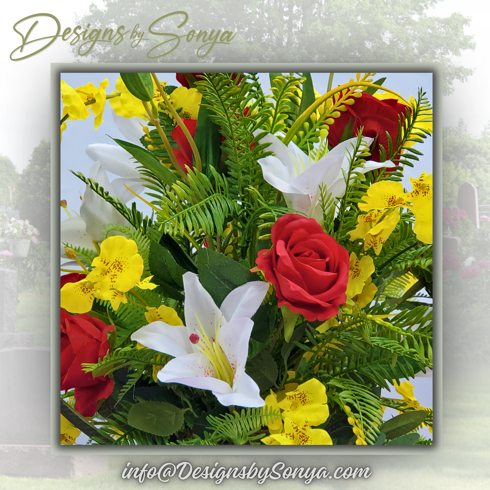 Close-Up of Flowers and Foliage
Detailed view of red roses, white lilies, and yellow orchids surrounded by ferns and ficus leaves, arranged for a rich, textured memorial tribute.