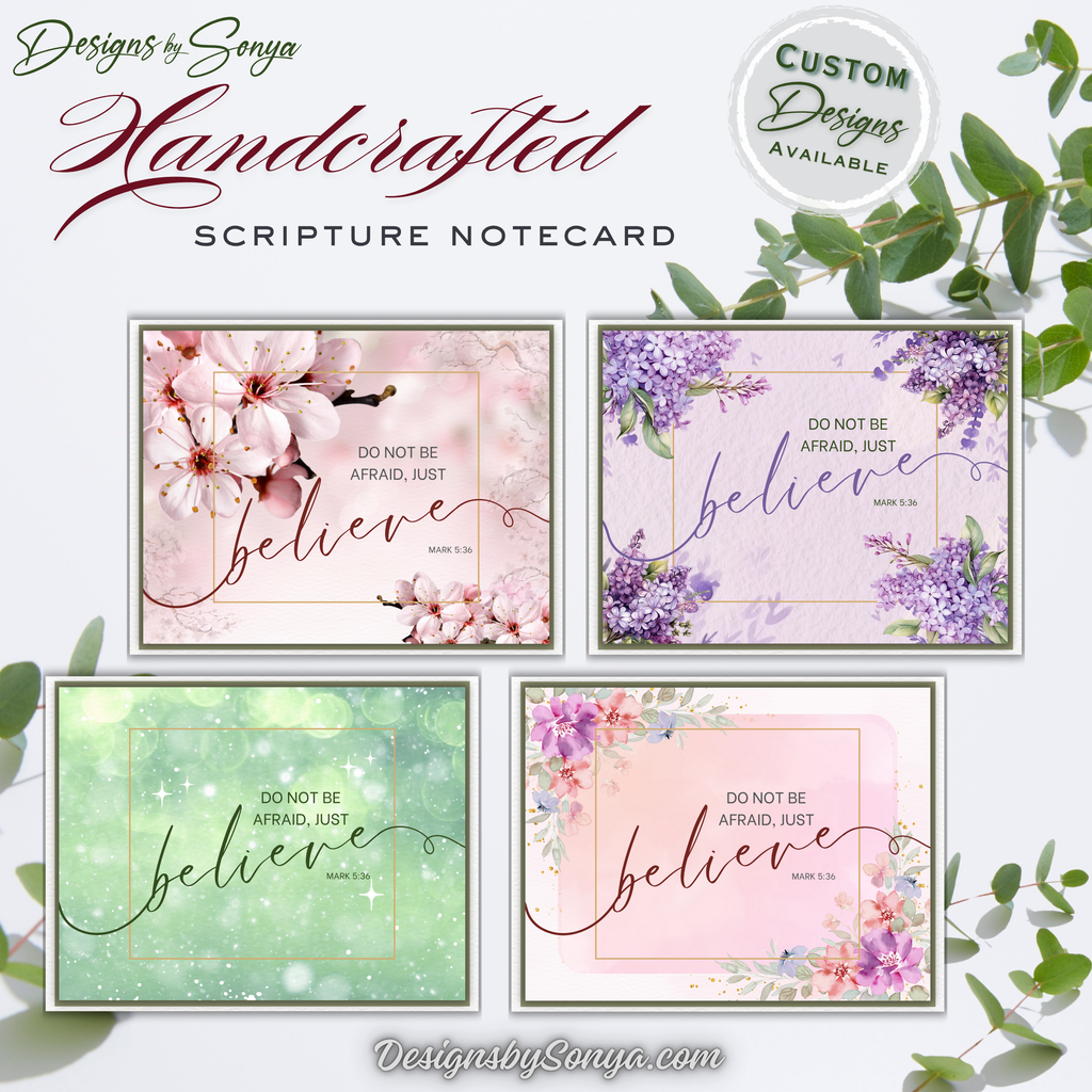 Handcrafted Christian Notecard – Blush Cherry Blossom Card – Mark 5:36 “Just Believe” – A2 Blank Scripture Encouragement Card – Faith Stationery