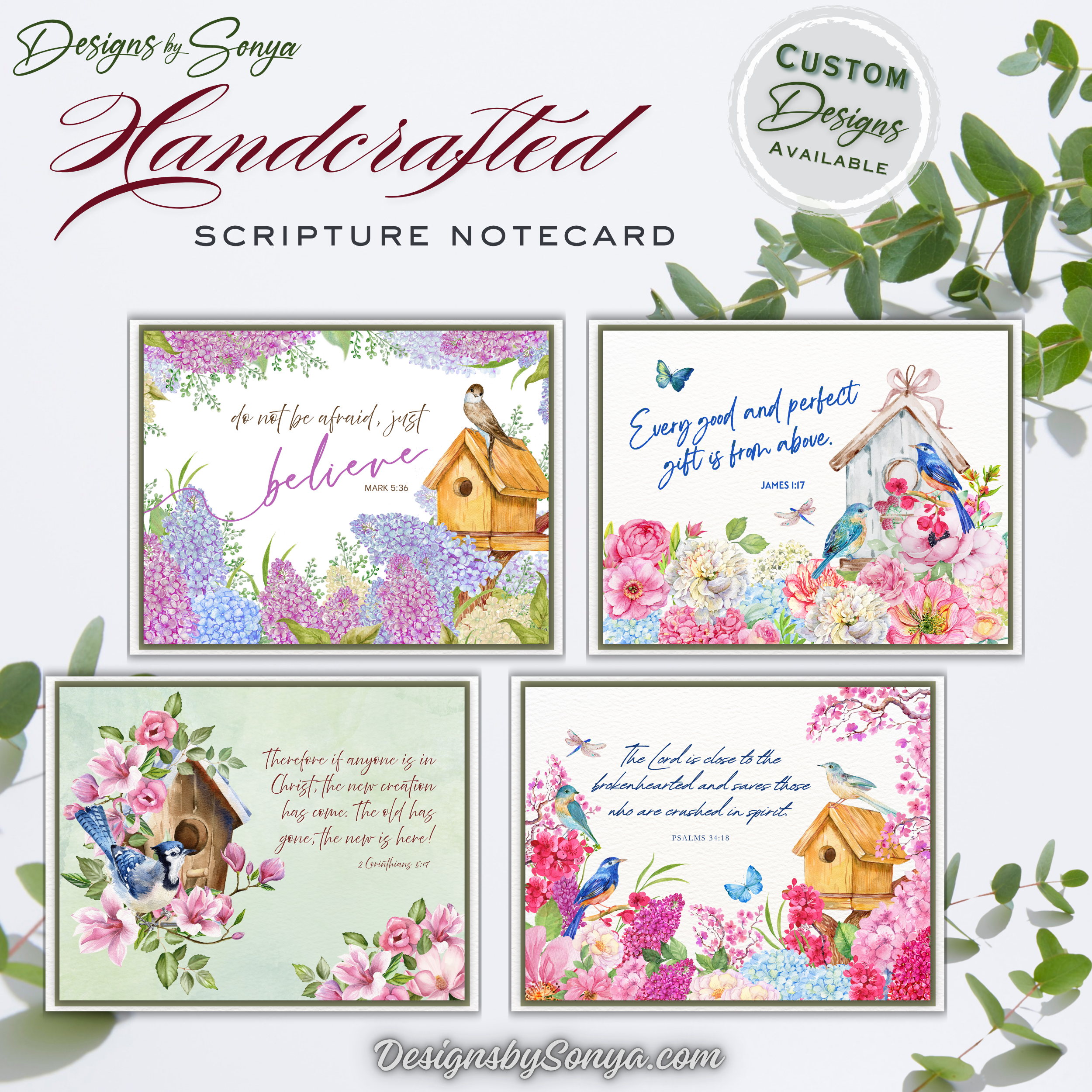 Handcrafted Scripture Notecards Set of 12 | Christian Encouragement Cards | Bible Verse Notecards with Birdhouse & Floral Art | Uplifting Faith Cards