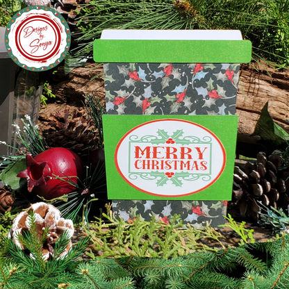 Christmas Gift Card Holder – Coffee Cup Design with Holly Print, Glitter Sleeve & Envelope – Holiday Teacher or Coworker Gift