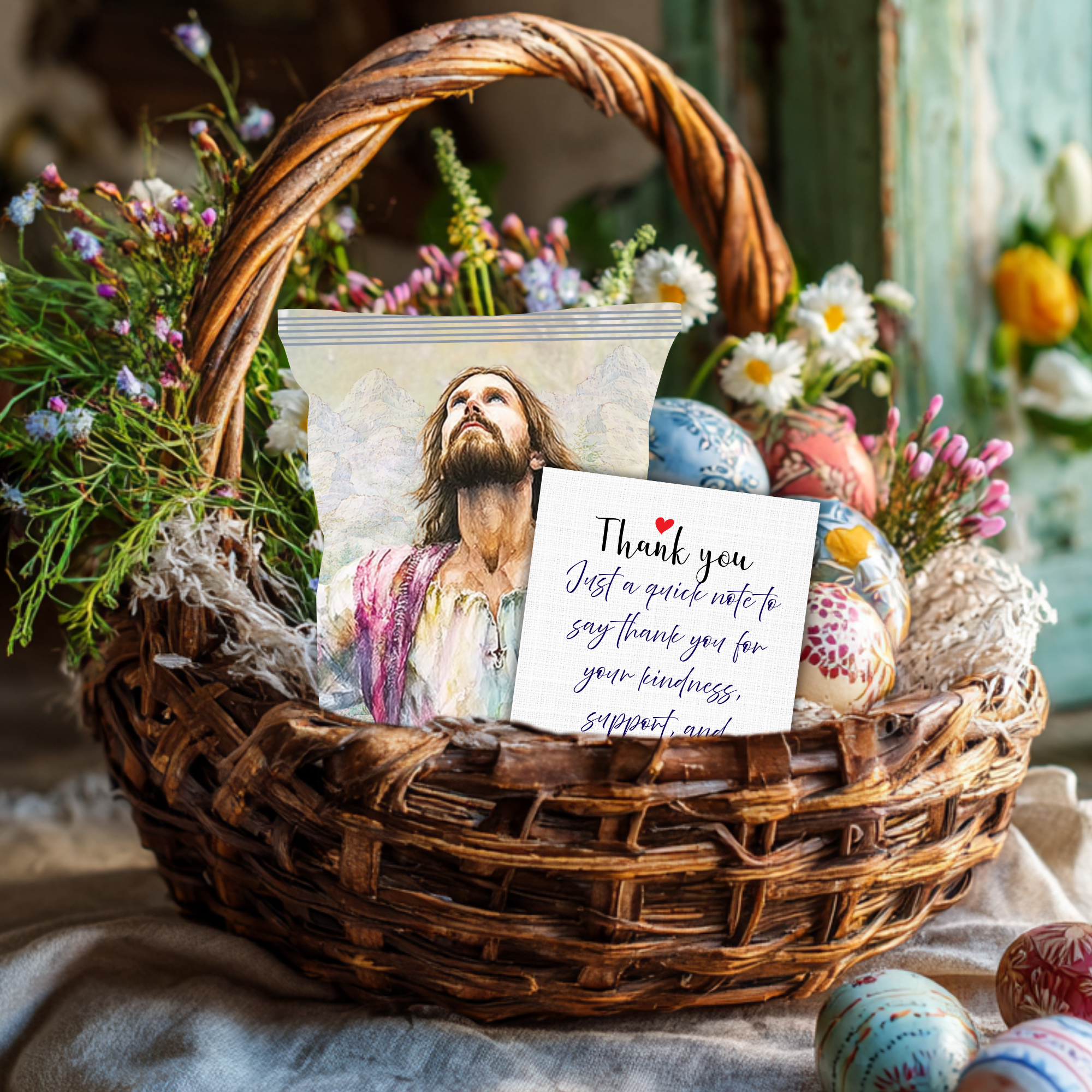 Jesus Looking Up Printable Chip Bag Wrapper – Christian Easter Basket Treat, Faith Gift Party Favor, Religious Snack Wrap