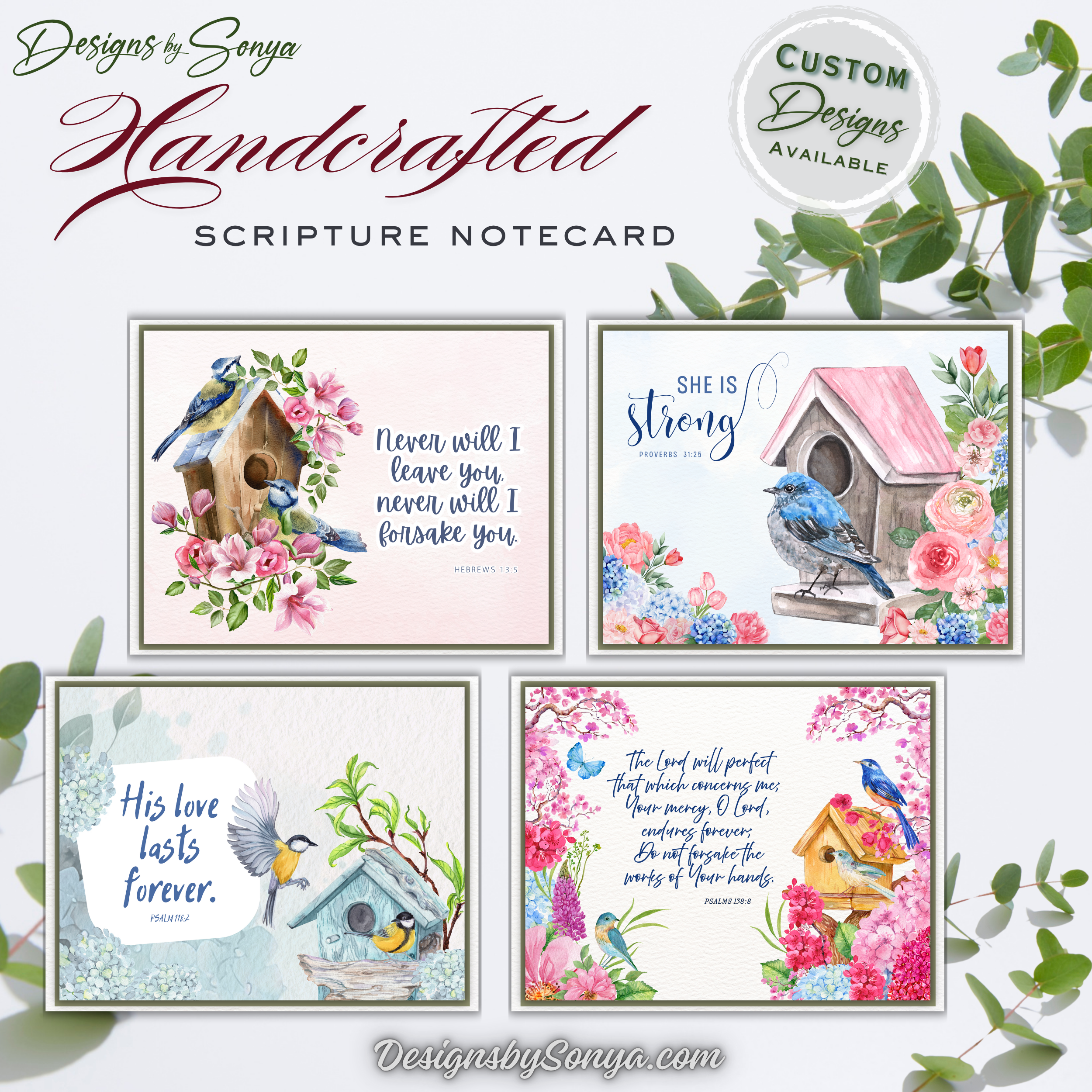 Handcrafted Scripture Notecards Set of 12 | Christian Encouragement Cards | Bible Verse Notecards with Birdhouse & Floral Art | Uplifting Faith Cards