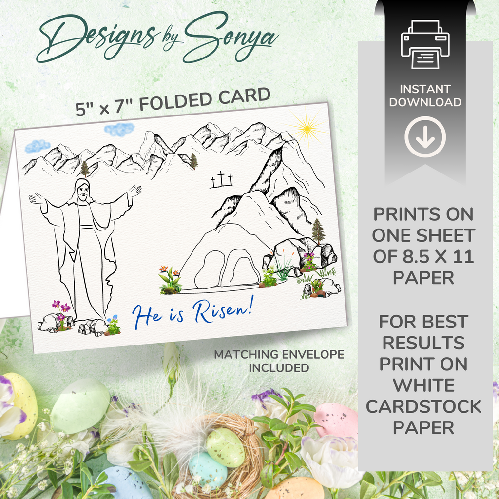 Custom 5 x 7 Printable He is Risen Easter DIY Kid Coloring Greeting Card w/Envelope - Classroom Activity - Instant Download - Print at Home