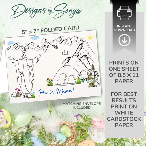 Custom 5 x 7 Printable He is Risen Easter DIY Kid Coloring Greeting Card w/Envelope - Classroom Activity - Instant Download - Print at Home