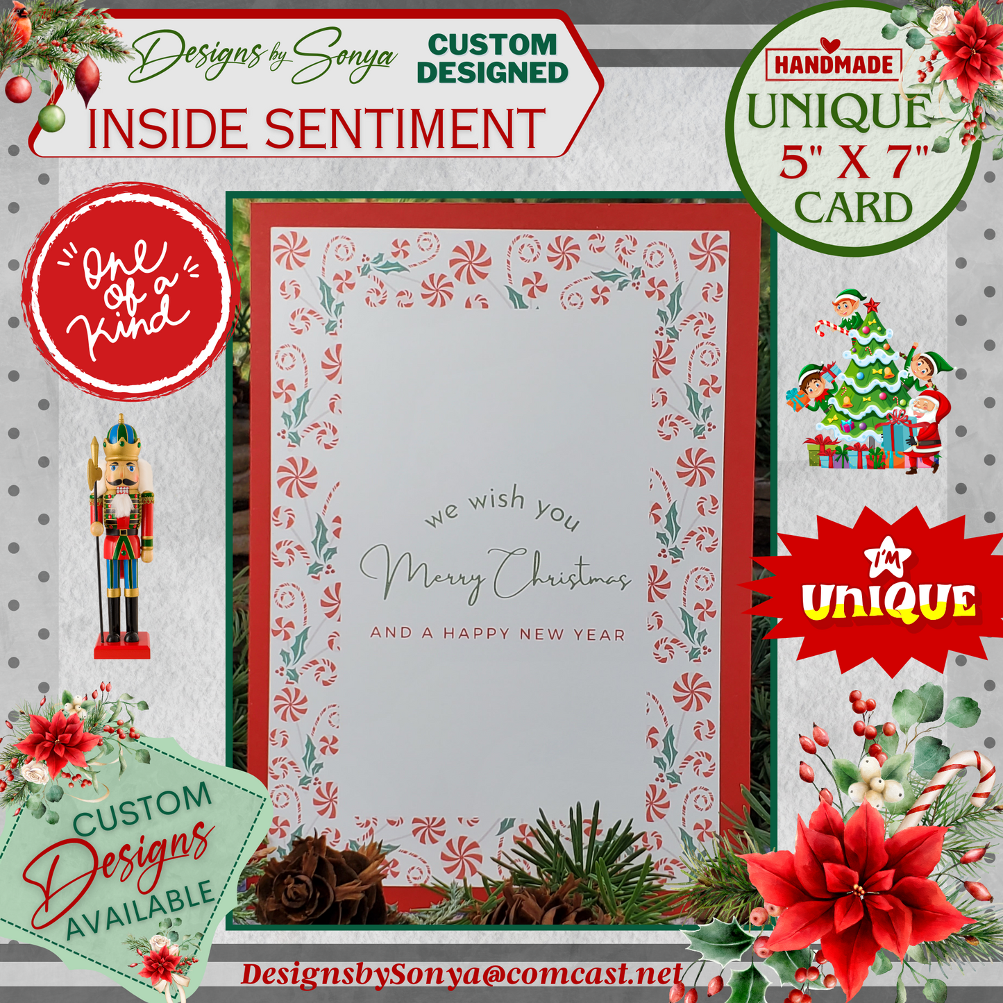 LIMITED EDITION | Festive and Unique | 5" x7" Candy Cane Christmas Card | 1/2" Green Hand Tied Bows | Handcrafted Layered Holiday Greetings