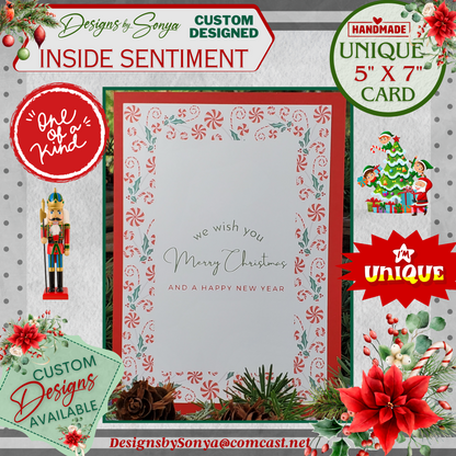 LIMITED EDITION | Festive and Unique | 5" x7" Candy Cane Christmas Card | 1/2" Green Hand Tied Bows | Handcrafted Layered Holiday Greetings