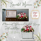 Casket Spray and Headstone Display
Silk memorial floral arrangement shown atop a brown casket and later placed on a granite headstone, featuring pink roses, lilies, and peonies.