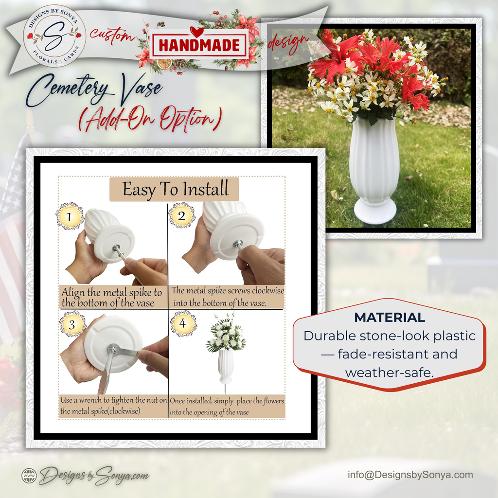 White Cemetery Vase Add-On with Ground Stake – Graveside Memorial Flower Holder for Headstones Without a Vase – Outdoor Tribute Display