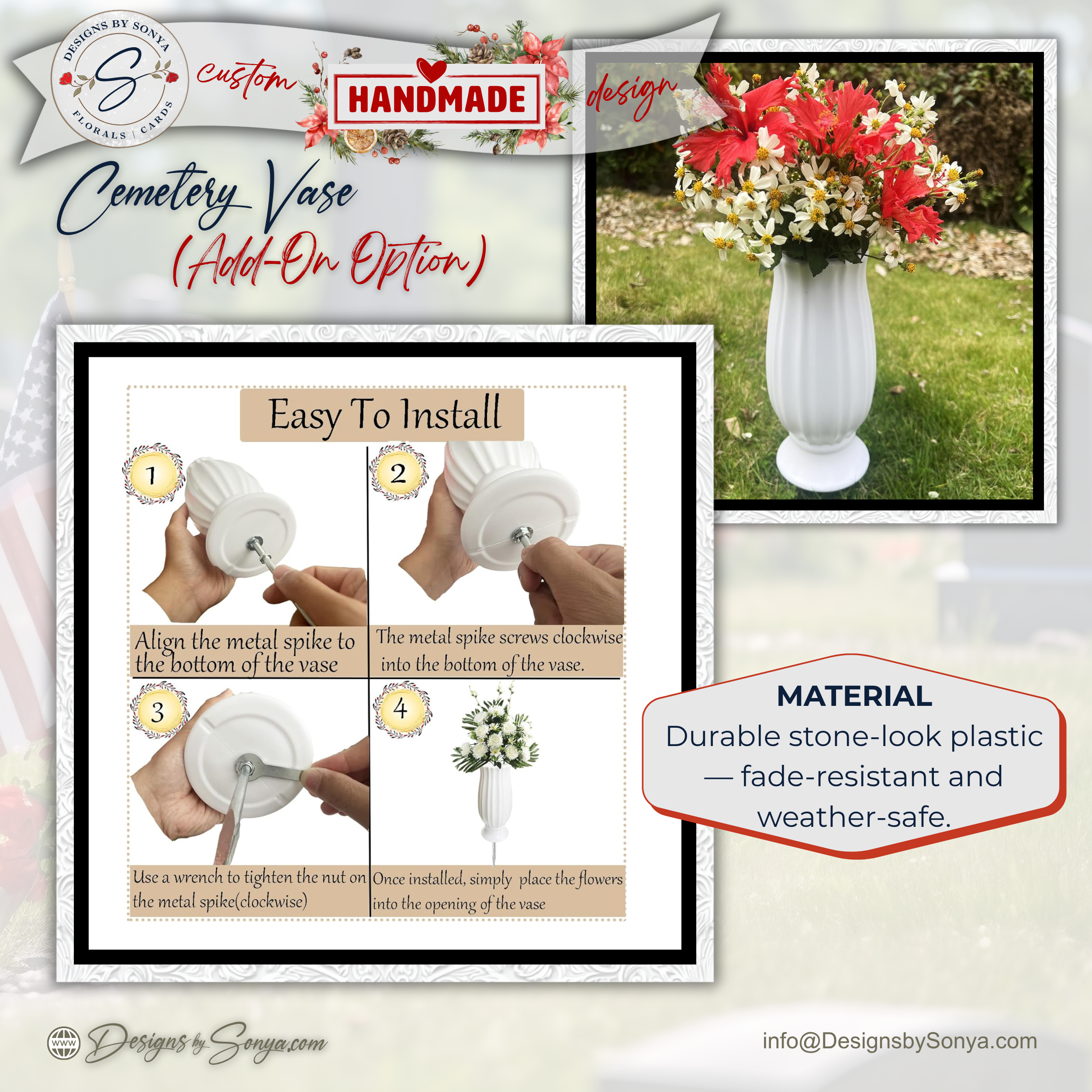 White Cemetery Vase Add-On with Ground Stake – Graveside Memorial Flower Holder for Headstones Without a Vase – Outdoor Tribute Display